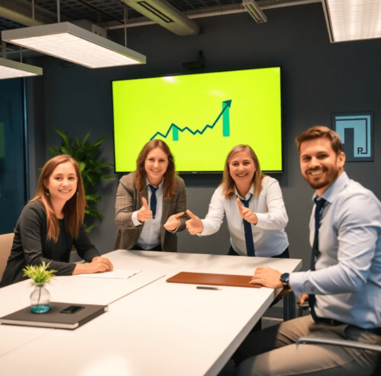 A group of people celebrating in a business meeting