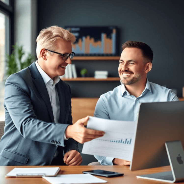Two businessmen discussing documents with charts on a laptop